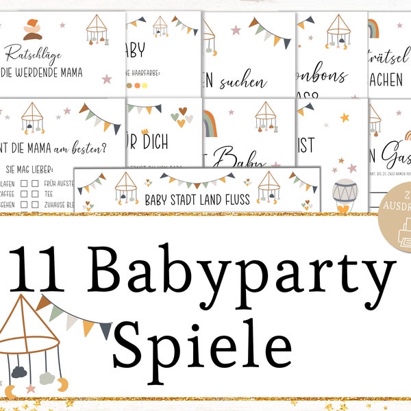 Baby shower games set boho, baby shower party games German to print out, city country baby, baby shower guessing games, tip games, A4 and A5