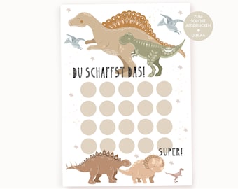 Op de afbeelding: Een printbaar schema met een dinosaurus thema. Het schema heeft 15 cirkels om in te kleuren. De tekst op het schema zegt "Du schaffst das!" en "Super!" Het schema is ontworpen om kinderen te helpen leren en groeien.