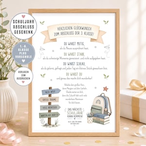 May include: A framed print featuring German text celebrating the end of the third grade. The design includes a wooden signpost with directional arrows, a backpack, a stack of books, and a pencil holder, all decorated with small leaves and stars.