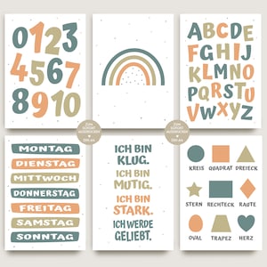 Póster de aprendizaje set infantil boho arcoíris ABC póster para imprimir para niños y niños pequeños set de carteles habitación infantil afirmaciones decoración aprendizaje