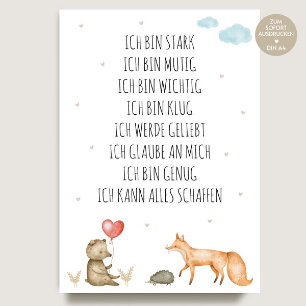 Affirmationskarte Affirmationsposter Kinder Waldtiere Wasserfarben Poster Affirmationen Kind zum Ausdrucken Geschenk Geburtstag DIN A4