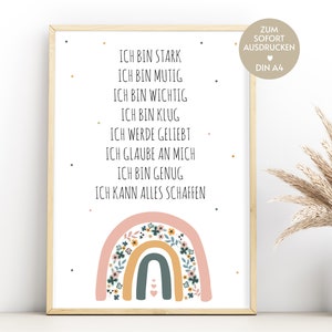 Cartel de afirmaciones arcoiris niños para imprimir, decoración arcoiris habitación infantil DIY, afirmaciones para niños, tarjetas de afirmaciones DIN A4