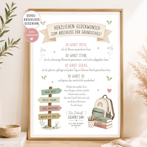Puede incluir: Un póster enmarcado con texto en alemán que celebra la graduación de la escuela primaria. El diseño incluye una pancarta beige, una señal de madera con cuatro letreros, una mochila, un portalápices y libros apilados con las palabras Mut, Freude, Neugier.