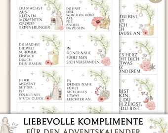 Puede incluir: Un conjunto de tarjetas imprimibles para el calendario de Adviento con ilustraciones de acuarela de velas, flores y elementos decorativos. Las tarjetas presentan texto en alemán con cumplidos.