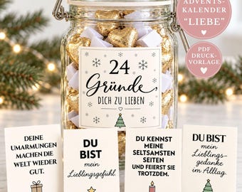 Adventskalender im Glas | 24 Gründe dich zu lieben | Druckvorlage Adventskalender Sprüche Liebe | Geschenk für Mann, Frau, Partner, Freund