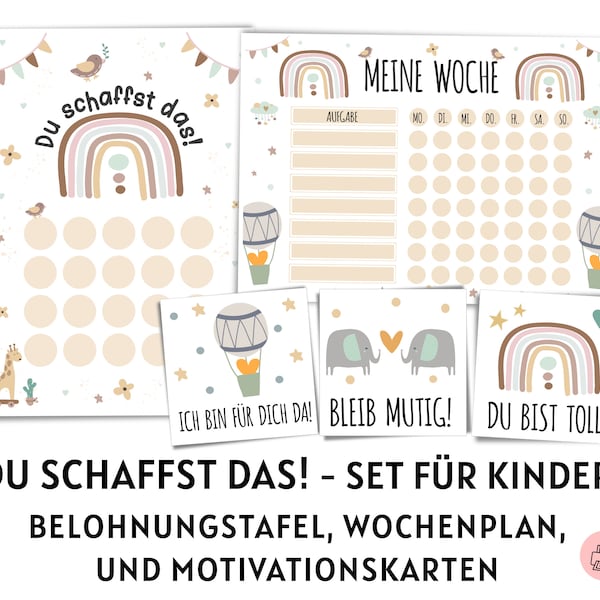 Set Belohnungstafel, Wochenplan, Motivationssprüche Boho Regenbogen für Kinder zum Ausdrucken, Belohnungssystem, Wochenplaner Kind, pdf