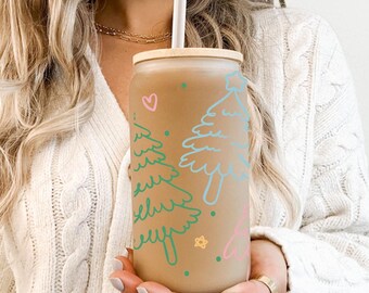 16oz Christmas Tree Glass Can, Ice Coffee Christmas Tumbler, Holiday Ice Coffee Tumbler, Christmas Tree Glass Mug, Christmas Gift For Friend