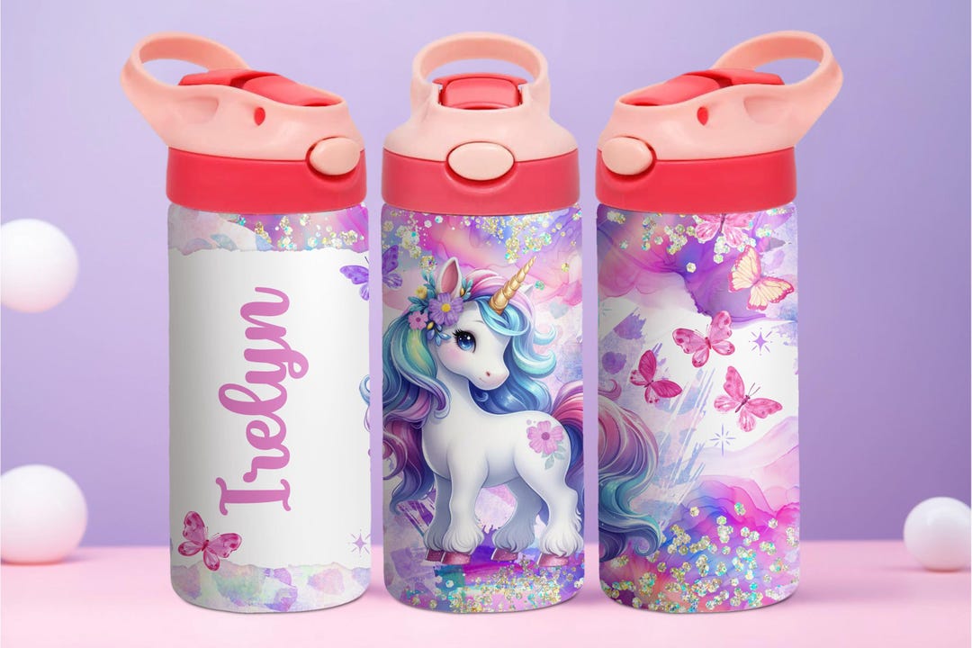 12oz Unicorn Water Bottle With Name, Personalized Tumbler for Girl ...