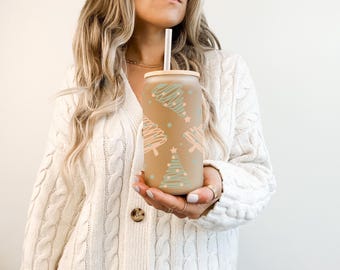 16oz Christmas Tree Glass Can, Ice Coffee Christmas Tumbler, Holiday Ice Coffee Tumbler, Christmas Tree Glass Mug, Christmas Gift For Friend