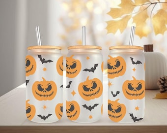 Halloween Cute Glass Cup with Lid and Straw, Pumpkins and Bats Iced Coffee Glass, Spooky Season Gift, Halloween Themed Glass Tumbler