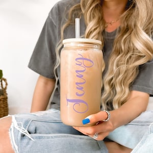Personalized Iced Coffee Cup, 16oz and 12oz Name Glass Cup, Custom Beer Can Glass with Lid and Straw, Bridesmaid Gift, Bridesmaid Proposal