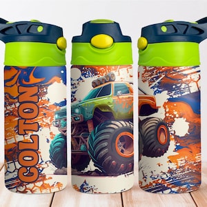 12oz Monster Truck Kid&#39;s Cup, Blue and Orange Truck Cup, Personalized Kid&#39;s Water Bottle, Hot and Cold Kids Tumbler, Leak Proof Toddler Cup