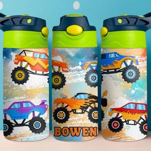12oz Monster Truck Kids Tumbler, Custom Toddler Truck Cup, Personalized Kids Water Bottle, Hot and Cold Kids Tumbler, Leak Proof Toddler Cup