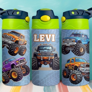 12oz Monster Truck Kids Tumbler, Custom Toddler Truck Cup, Personalized Kids Water Bottle, Hot and Cold Kids Tumbler, Leak Proof Toddler Cup