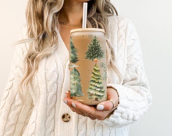16oz Christmas Tree Glass Can, Ice Coffee Christmas Tumbler, Holiday Ice Coffee Tumbler, Christmas Tree Glass Mug, Christmas Gift For Friend