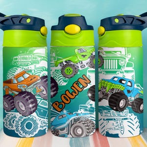 12oz Monster Truck Kids Tumbler, Custom Toddler Truck Cup, Personalized Kids Water Bottle, Hot and Cold Kids Tumbler, Leak Proof Toddler Cup
