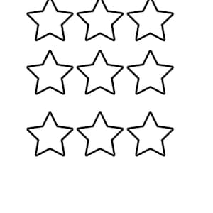 May include: Nine black outline star shapes arranged in a three-by-three grid on a white background. The stars are evenly spaced and have a simple, five-pointed design. The image is clean and minimalist.