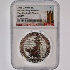 2023 Great Britain Britannia, King Charles III&#39;s First Effigy, 1 Oz .999 Fine Silver, NGC Graded MS69 Early Release