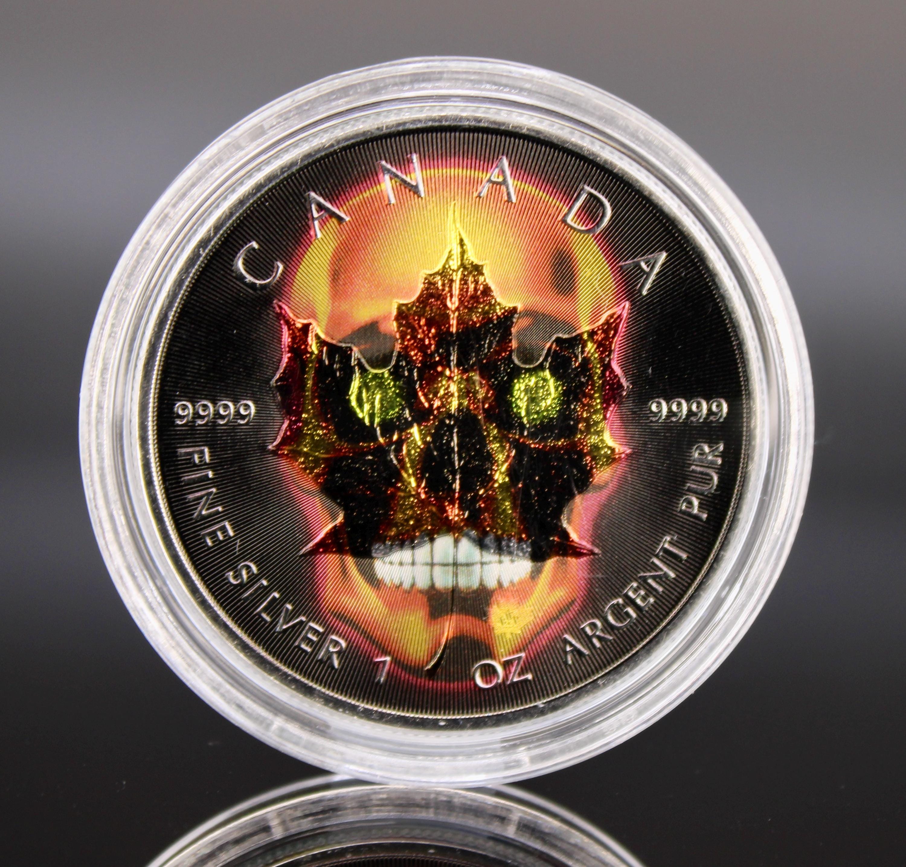 2023年カナダ製カラードスカル「ファイア」 - メープルリーフ 1オンス .999 純銀コイン、ファーストストライク発行枚数  #9/100、箱・品質証明書付き - Etsy 日本