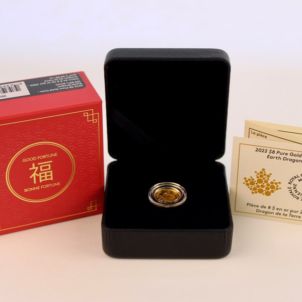 2022 Canada Earth Dragon, 1/20 oz gold, 1.58 Gram 99.99 Pure Gold Proof Coin in Capsule w/ Box and COA, Mintage: 8,888 Pcs Worldwide