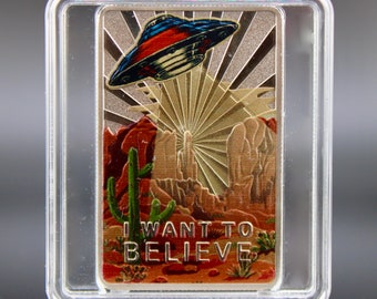 2023 Cameroon - UFO &quot;I Want to Believe&quot;, Colorized 1 Oz .999 Silver Bar in Capsule w/ COA & Velvet Pouch, Mintage: 999 Pcs Globally