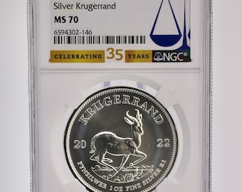 2022 South Africa Krugerrand, 35th Anniversary 1 Oz .999 Fine Silver Coin, NGC Graded a Perfect MS70