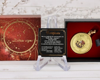 2018 Cameroon Zodiac Signs - Aquarius Pendant, Gold Gilded and Partially Colorized 10 Gram .999 Silver Proof w/ Box & COA, Mint: 999 Pcs