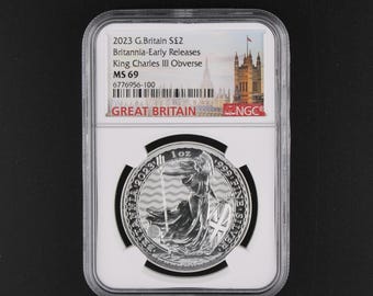 2023 Great Britain Britannia, King Charles III's First Effigy, 1 Oz .999 Fine Silver Coin, NGC Graded MS69 Early Release