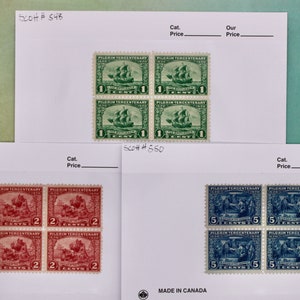 Old US Stamps: 1920 Commemorative Scott #548, #549, #550 Pilgrim Tercentary Issue Full Set Blocks of 4, Mint , NH, Extra F, High CV 440.00