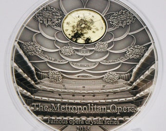 2015 Palau - New York The Metropolitan Opera House - Famous Opera Crystal, 2 Oz .999 Antiqued Silver Coin w/ COA, Mintage Only 999 pcs