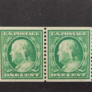 Old US Stamp, 1910 Vertically Coil Stamp, Franklin 1cent, Scott #387 Mint Coil Pair, Og, NH, 1 Stamp has Disturbed Gum, Very High Cv: 1,200