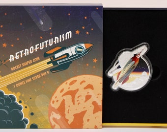 2021 Solomon Islands &quot;Retrofuturism&quot;, Colorized Rocket Shaped 1 Oz .999 Silver Proof Coin w/ Box and COA, Low Mintage
