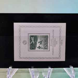 May include: A black and white stamp with a green border, depicting a plane flying over a landscape. The stamp is labelled "POLSKA" and "5 ZL" and is part of a larger sheet with a decorative border. The sheet is labelled "III ZIAZD POLSKIEGO ZWIAZKU FILATELISTOW WARSZAWA 1954"