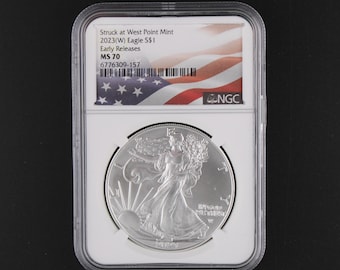 2023 (W) America Silver Eagle - Westpoint, 1 Oz .999 Silver Coin, NGC Graded Early Release MS70, US Flag Label (BU)