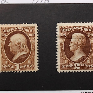 Old US Stamps, 1873 Treasury Department Mint Stamps, Scott #O72 1 Cent & #O73 2 Cent, Original Gum, Hinged, CV: 195.00