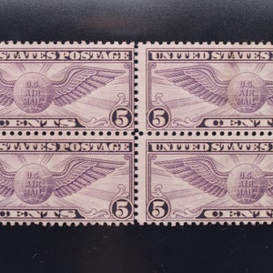 Old US Stamps, 1931 BOB Rotary Stamp Scott #C16 Winged Globe 5cent Stamp, Mint Block of 4, No Gum, Never Hinge CV: 125.00