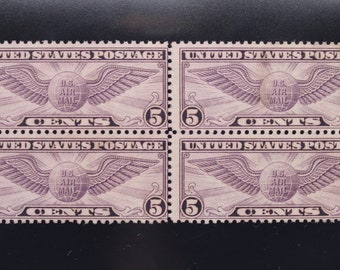 Old US Stamps, 1931 BOB Rotary Stamp Scott #C16 Winged Globe 5cent Stamp, Mint Block of 4, No Gum, Never Hinge CV: 125.00