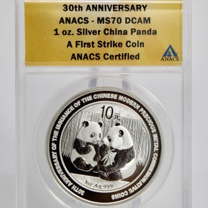 30th Anniversary 2009 China Silver Panda 10 Yuan, 1 OZ .999 Fine Silver, First Strike!, ANACS Certified MS70 DCam, Very Rare