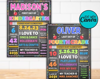 FIRST and LAST Day of School Sign Canva Template Bundle, First Day School, Last Day of School Chalkboard Printable Signs Poster Customizable