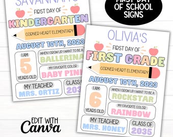 Editable First Day of School Info Sign Template, Custom Back to School Sign for Girls, Pastel Rainbow Chalkboard Photo Prop Sign Printable