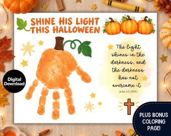 Christian Halloween Pumpkin Handprint Craft, Religious Fall John Bible Verse Preschool Activity, Shine His Light Sunday School Printable
