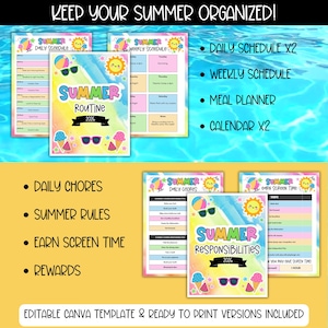 May include: Summer-themed printable planner pages with a colorful design. Includes daily and weekly schedules, meal planners, and chore charts. The text reads "Keep Your Summer Organized!" and "Summer Routine 2026."
