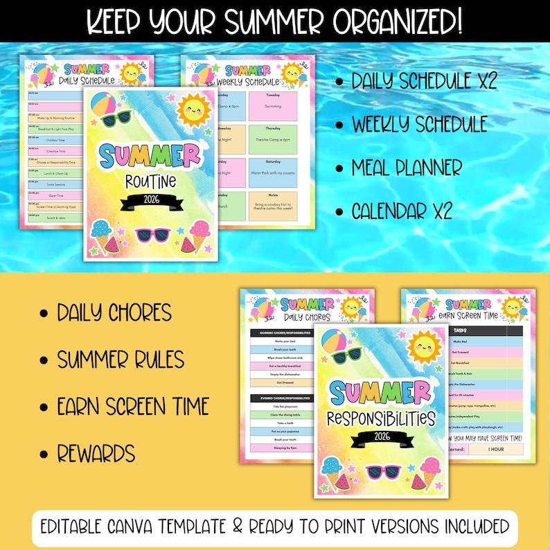 May include: Summer-themed printable planner pages with a colorful design. Includes daily and weekly schedules, meal planners, and chore charts. The text reads "Keep Your Summer Organized!" and "Summer Routine 2026."