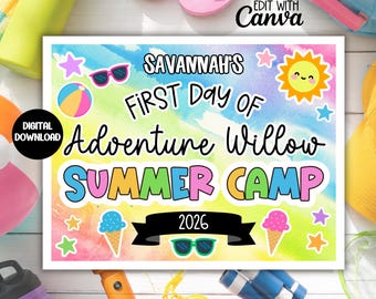 Plantilla editable de Canva para letrero de campamento de verano 2026, Letrero del primer día de campamento de verano, Accesorio para fotos del último día de campamento, Merchandising imprimible de bienvenida al campamento