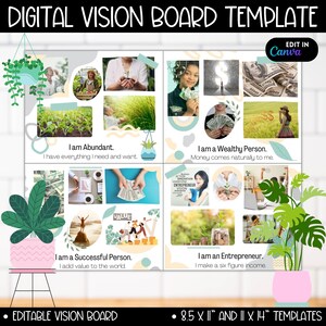 Tablero de estado de ánimo con visión digital, planificador de objetivos de Año Nuevo, kit de fiesta con tablero de manifestación de visión, plantilla de tablero de objetivos de estado de ánimo de afirmación para amantes de las plantas