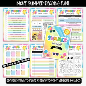 May include: A colorful summer reading planner with various templates. Includes a book wishlist, book review, adventure guide, reading challenge, and bookmarks. The design features ice cream, sunglasses, and a sun, with the text "Summer Reading 2026".