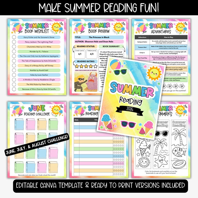 May include: A colorful summer reading planner with various templates. Includes a book wishlist, book review, adventure guide, reading challenge, and bookmarks. The design features ice cream, sunglasses, and a sun, with the text "Summer Reading 2026".