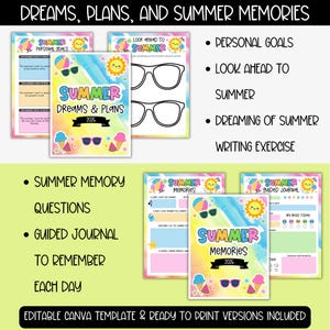 May include: A collection of colorful summer-themed journals and planners. The journals feature the text "Summer Dreams & Plans 2026" and "Summer Memories 2026". The design includes sunglasses, ice cream cones, and a smiling sun. The text "Editable Canva Template & Ready to Print Versions Included" is also visible.
