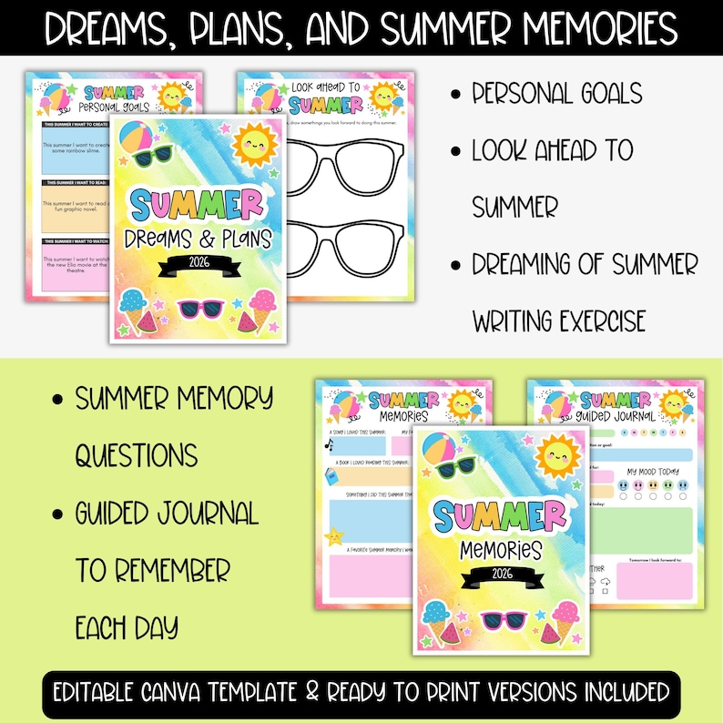 May include: A collection of colorful summer-themed journals and planners. The journals feature the text "Summer Dreams & Plans 2026" and "Summer Memories 2026". The design includes sunglasses, ice cream cones, and a smiling sun. The text "Editable Canva Template & Ready to Print Versions Included" is also visible.
