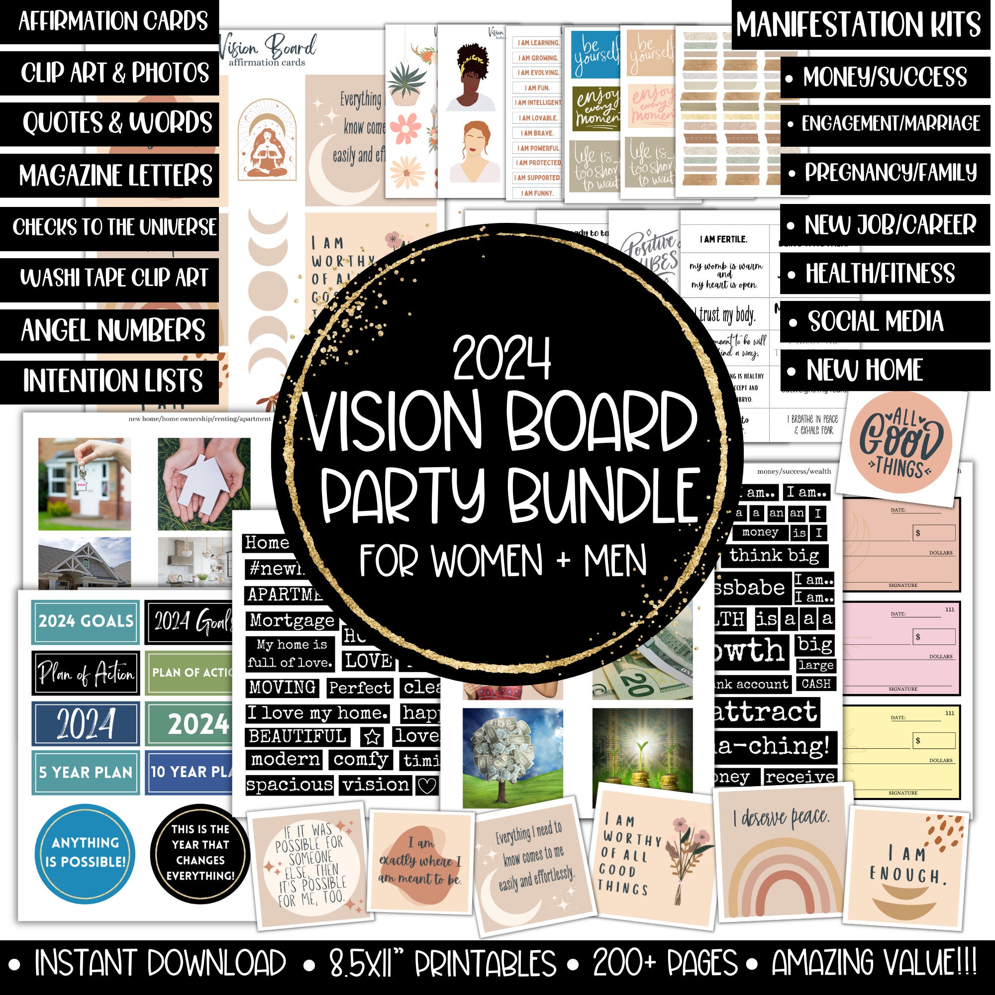 2024 WOMEN & MEN Vision Board Party Kit Bundle, Goal Mood Board for Him  Her, Clipart Images Planner, Affirmations Manifest Printables Guys 